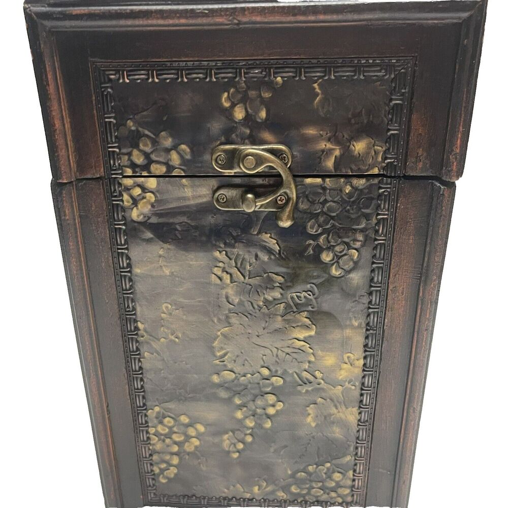 Wood Wine 2 Bottle Holder Hinged Storage Metal Grape Accents Handle Clasp